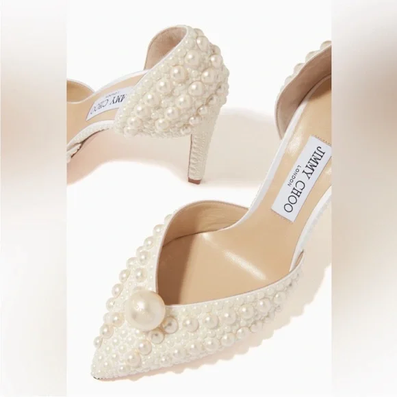 New JIMMY CHOO Sabine 85 faux pearl-embellished satin pumps 38 $1,895 - Picture 6 of 17